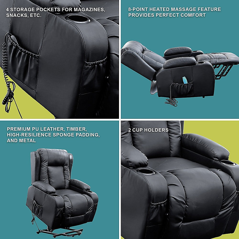Recliner Chair - Electric Massage Lift Chair with Heat Function PU Leather Lounge Sofa Black V63-834091