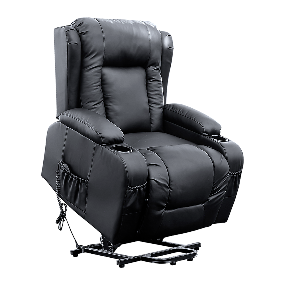 Recliner Chair - Electric Massage Lift Chair with Heat Function PU Leather Lounge Sofa Black V63-834091