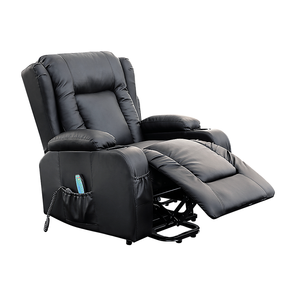 Recliner Chair - Electric Massage Lift Chair with Heat Function PU Leather Lounge Sofa Black V63-834091