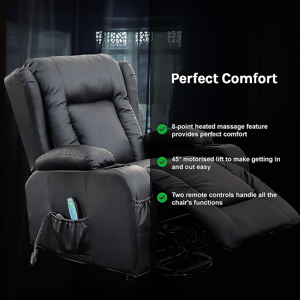 Recliner Chair - Electric Massage Lift Chair with Heat Function PU Leather Lounge Sofa Black V63-834091