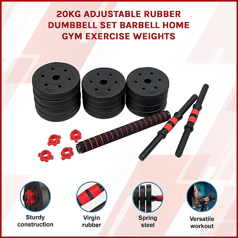 20kg Adjustable Rubber Dumbbell Set Barbell Home GYM Exercise Weights V63-834261