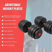 40kg Adjustable Rubber Dumbbell Set Barbell Home GYM Exercise Weights V63-834281
