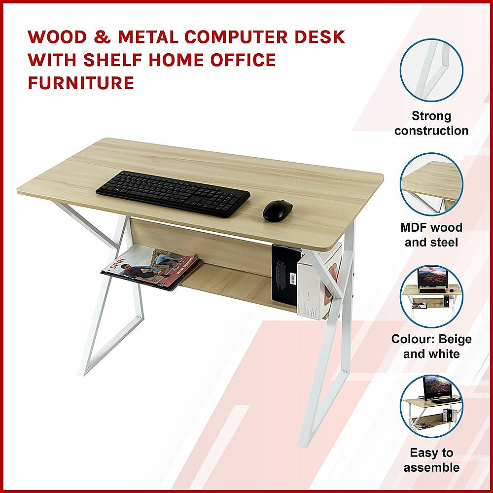 Wood & Metal Computer Desk with Shelf Home Office Furniture V63-834371