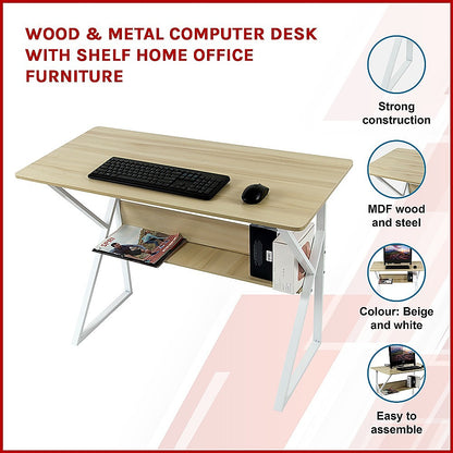 Wood & Metal Computer Desk with Shelf Home Office Furniture V63-834371