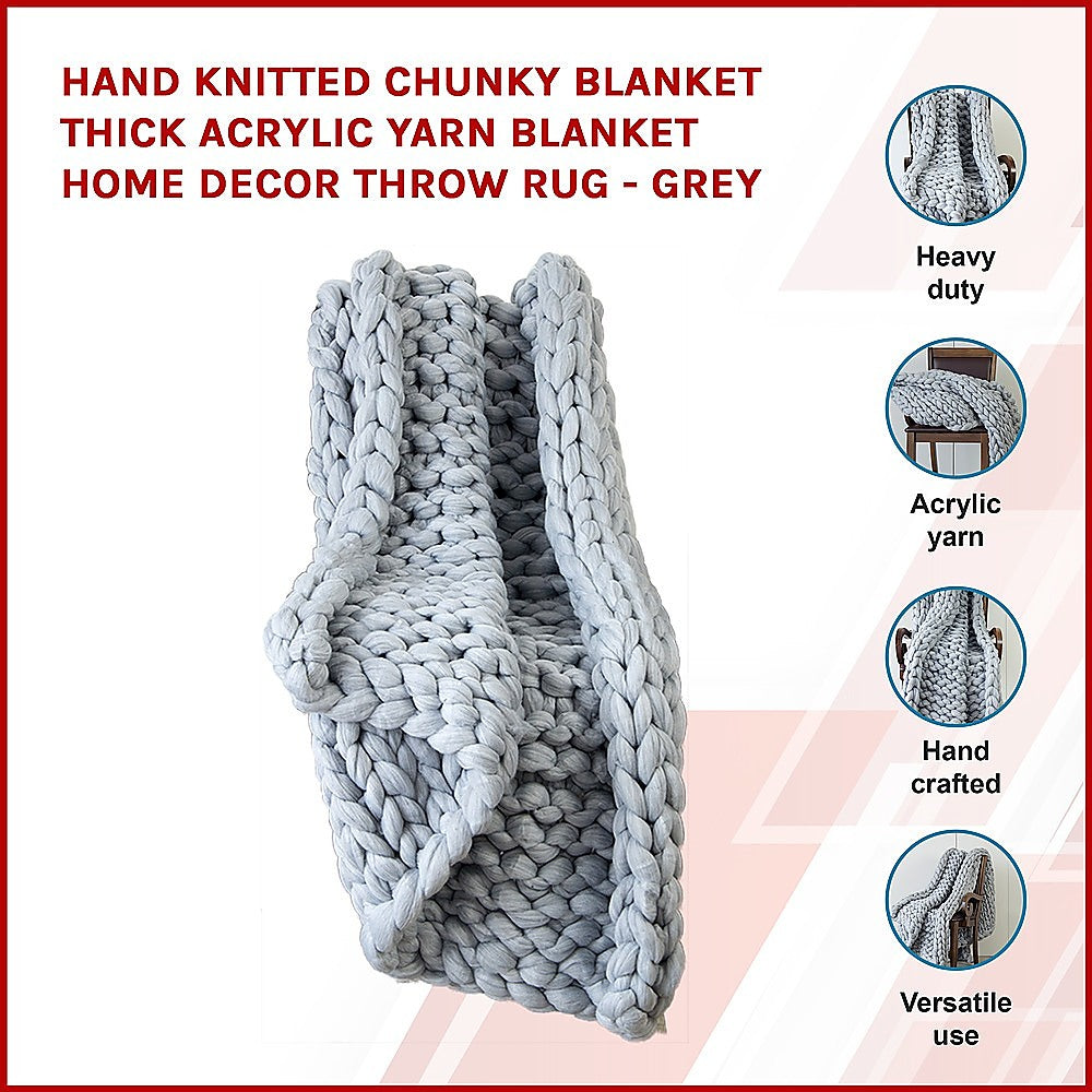 Hand Knitted Chunky Blanket Thick Acrylic Yarn Blanket Home Decor Throw Rug - Grey V63-834771