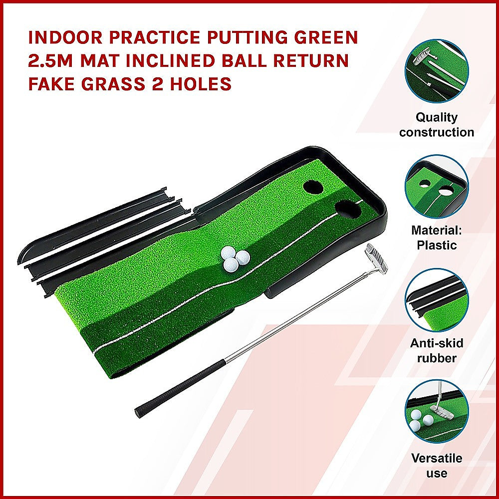 Indoor Practice Putting Green 2.5m Mat Inclined Ball Return Fake Grass 2 Holes V63-834791