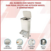 42L Rubbish Bin Waste Trash Can Pedal Recycling Kitchen Wheel 2 Compartment V63-834811
