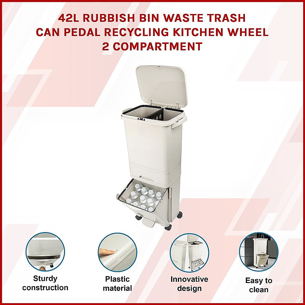 42L Rubbish Bin Waste Trash Can Pedal Recycling Kitchen Wheel 2 Compartment V63-834811
