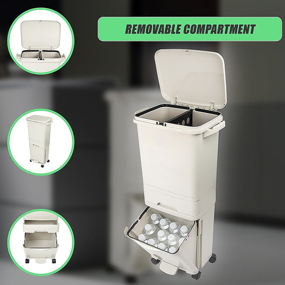 42L Rubbish Bin Waste Trash Can Pedal Recycling Kitchen Wheel 2 Compartment V63-834811