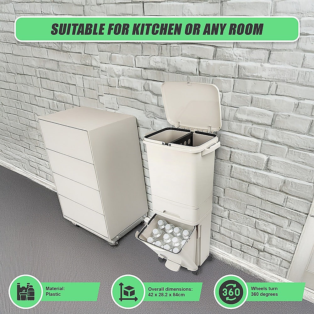 42L Rubbish Bin Waste Trash Can Pedal Recycling Kitchen Wheel 2 Compartment V63-834811