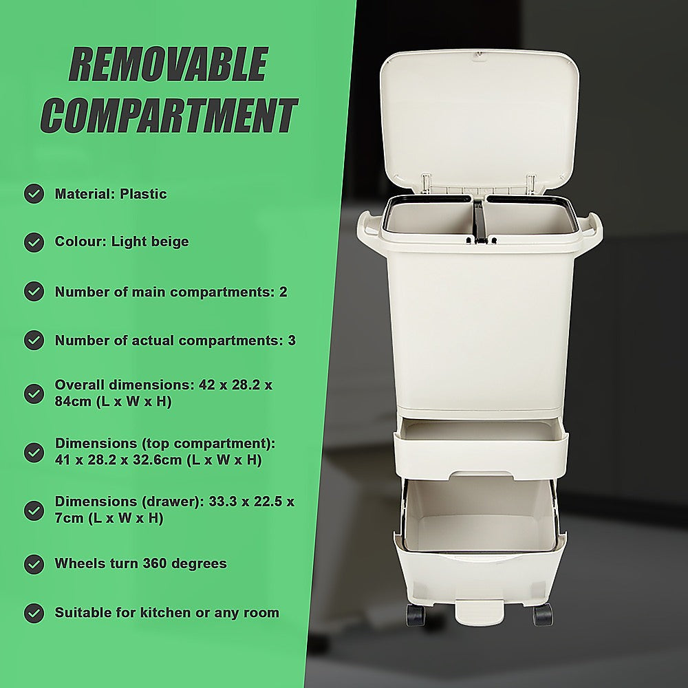 42L Rubbish Bin Waste Trash Can Pedal Recycling Kitchen Wheel 2 Compartment V63-834811