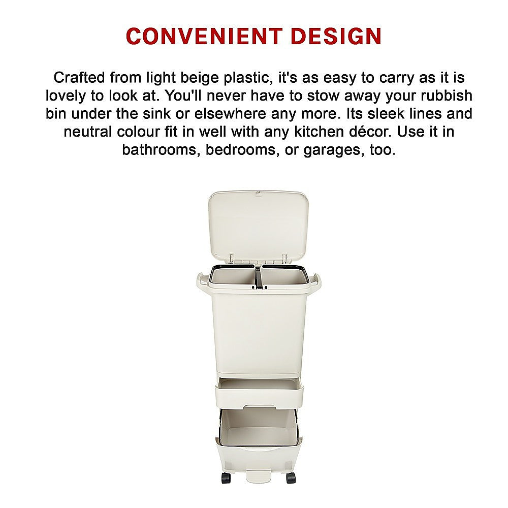 42L Rubbish Bin Waste Trash Can Pedal Recycling Kitchen Wheel 2 Compartment V63-834811