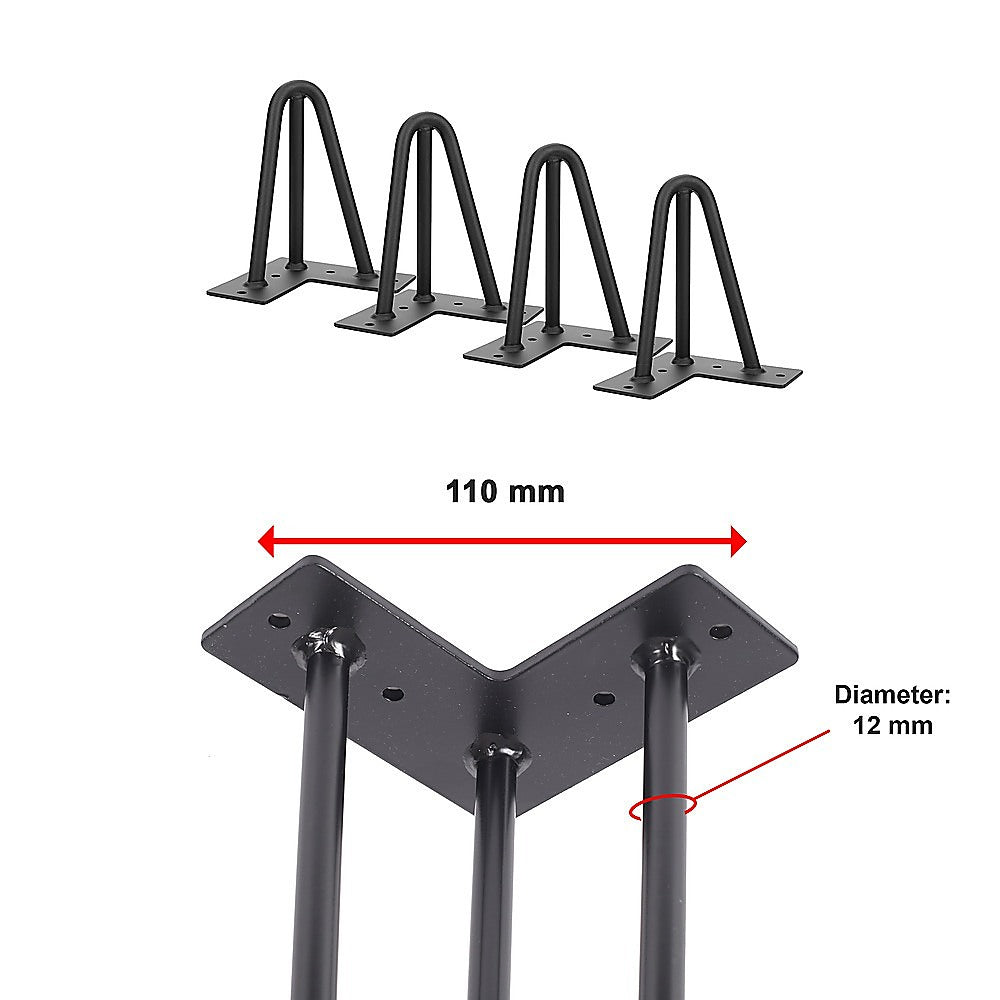 Set of 4 Industrial 3-Rod Retro Hairpin Table Legs 12mm Steel Bench Desk - 11cm Black V63-834921