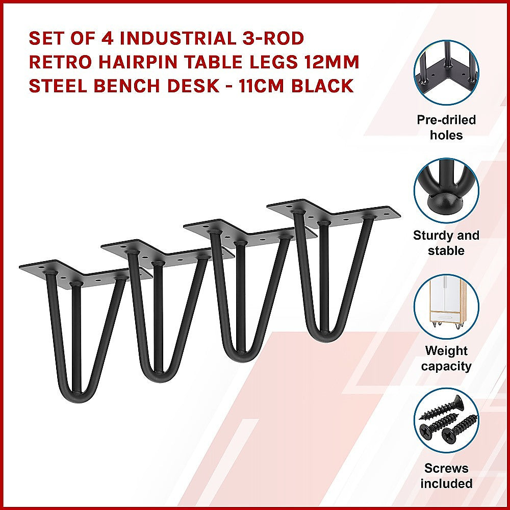 Set of 4 Industrial 3-Rod Retro Hairpin Table Legs 12mm Steel Bench Desk - 11cm Black V63-834921