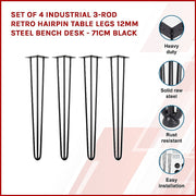 Set of 4 Industrial 3-Rod Retro Hairpin Table Legs 12mm Steel Bench Desk - 71cm Black V63-834941