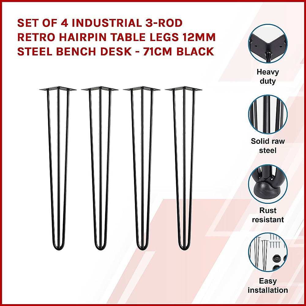 Set of 4 Industrial 3-Rod Retro Hairpin Table Legs 12mm Steel Bench Desk - 71cm Black V63-834941