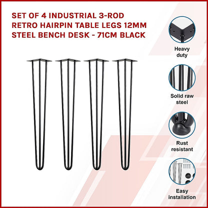 Set of 4 Industrial 3-Rod Retro Hairpin Table Legs 12mm Steel Bench Desk - 71cm Black V63-834941