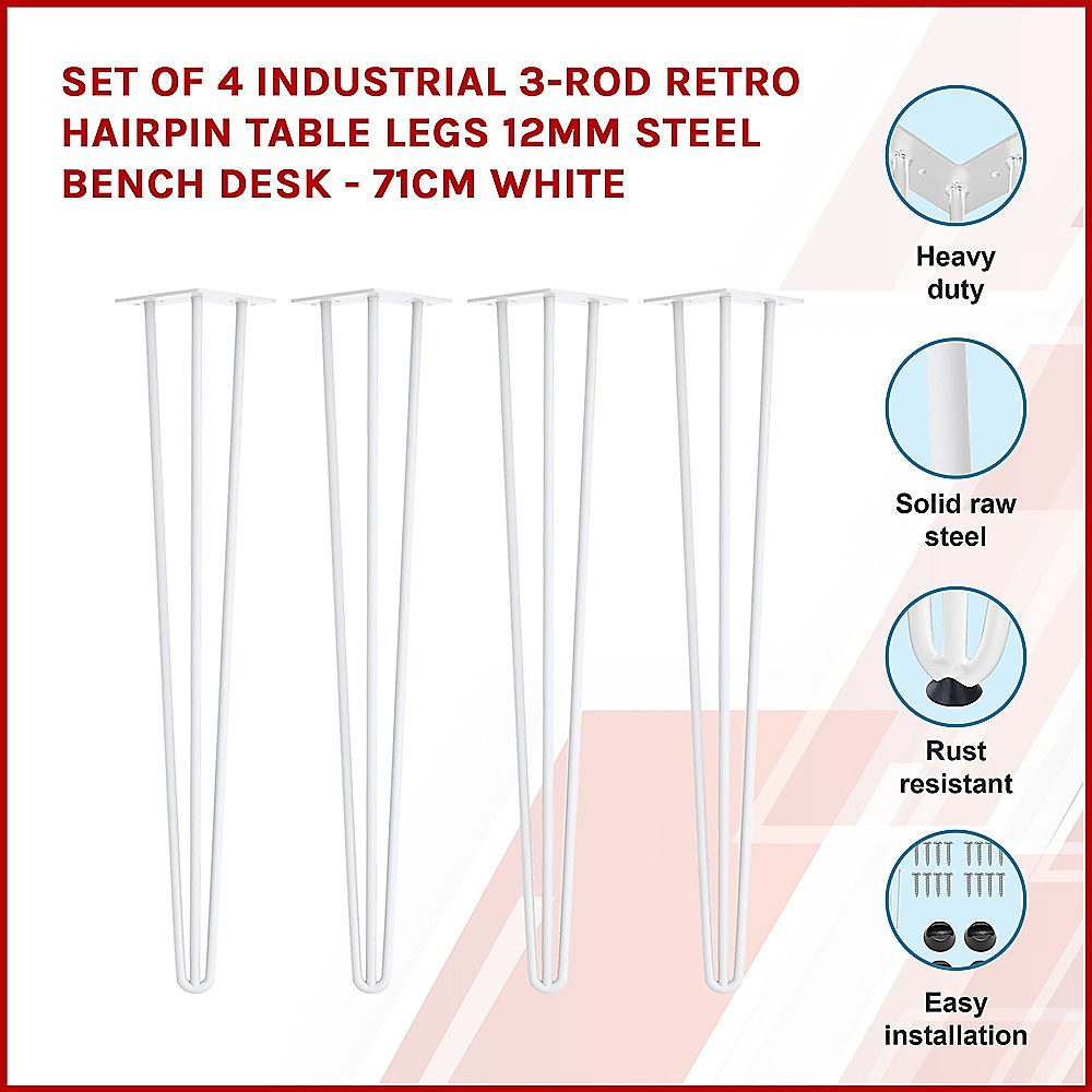 Set of 4 Industrial 3-Rod Retro Hairpin Table Legs 12mm Steel Bench Desk - 71cm White V63-834971