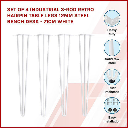 Set of 4 Industrial 3-Rod Retro Hairpin Table Legs 12mm Steel Bench Desk - 71cm White V63-834971