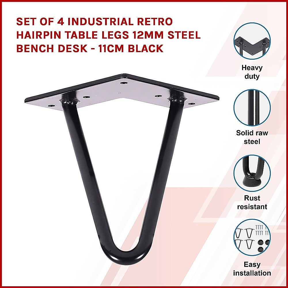 Set of 4 Industrial Retro Hairpin Table Legs 12mm Steel Bench Desk - 11cm Black V63-834991