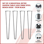 Set of 4 Industrial Retro Hairpin Table Legs 12mm Steel Bench Desk - 71cm Black V63-835001