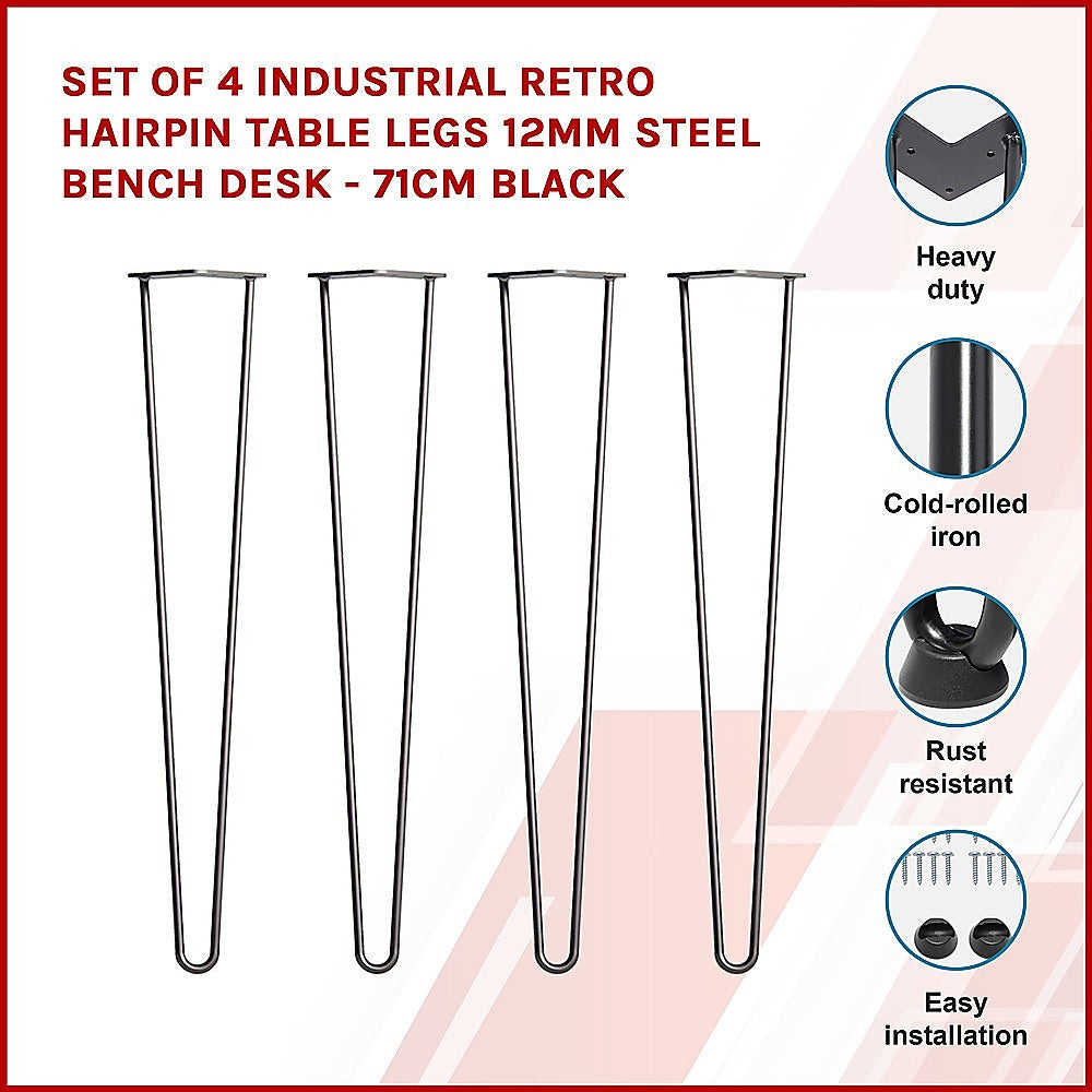 Set of 4 Industrial Retro Hairpin Table Legs 12mm Steel Bench Desk - 71cm Black V63-835001