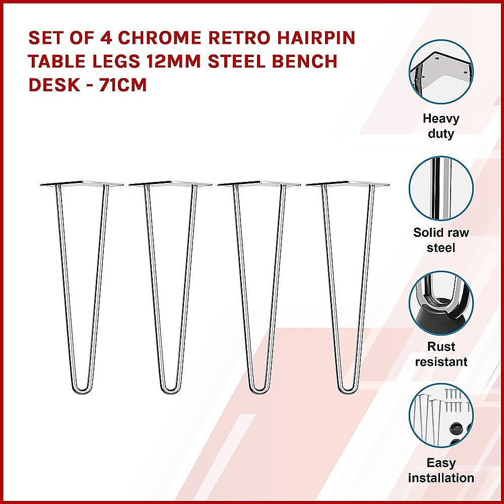 Set of 4 Chrome Retro Hairpin Table Legs 12mm Steel Bench Desk - 71cm V63-835051
