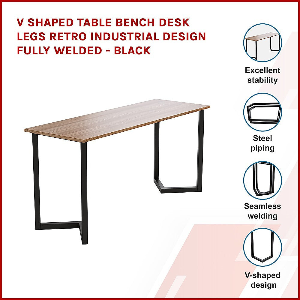 V Shaped Table Bench Desk Legs Retro Industrial Design Fully Welded - Black V63-835151