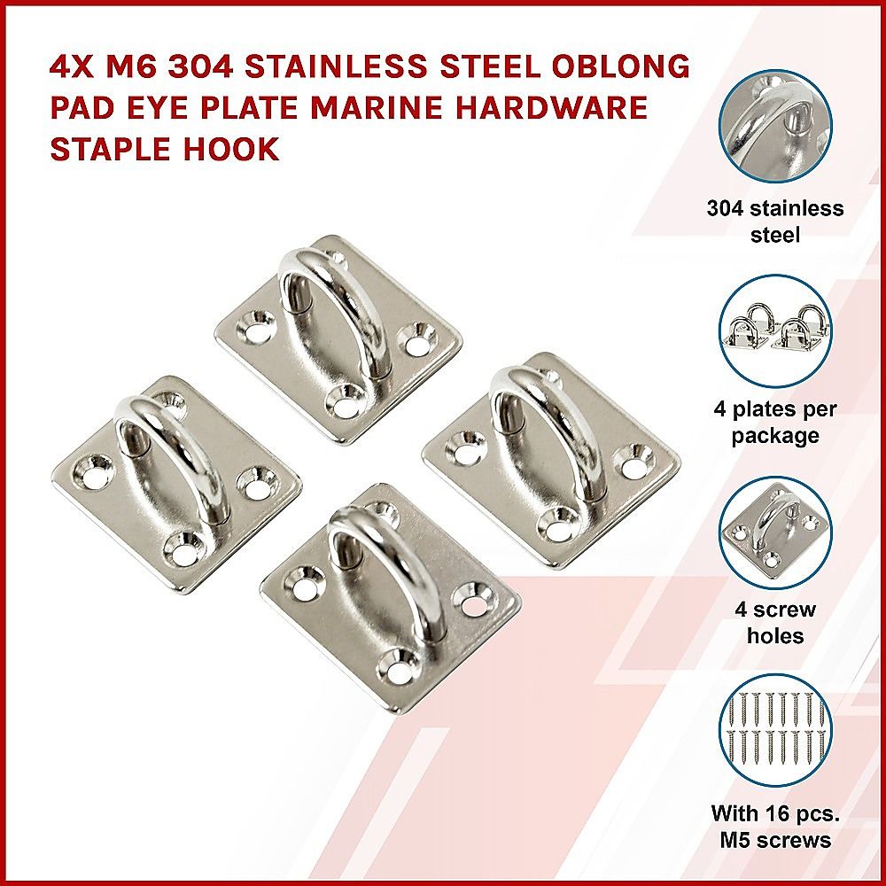 4X M6 304 Stainless Steel Oblong Pad Eye Plate Marine Hardware Staple Hook V63-835421