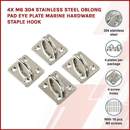 4X M6 304 Stainless Steel Oblong Pad Eye Plate Marine Hardware Staple Hook V63-835421
