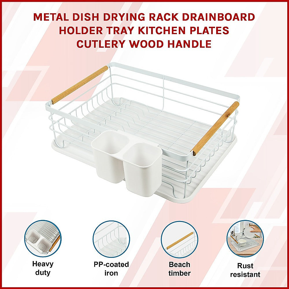 Metal Dish Drying Rack Drainboard Holder Tray Kitchen Plates Cutlery Wood Handle V63-835451
