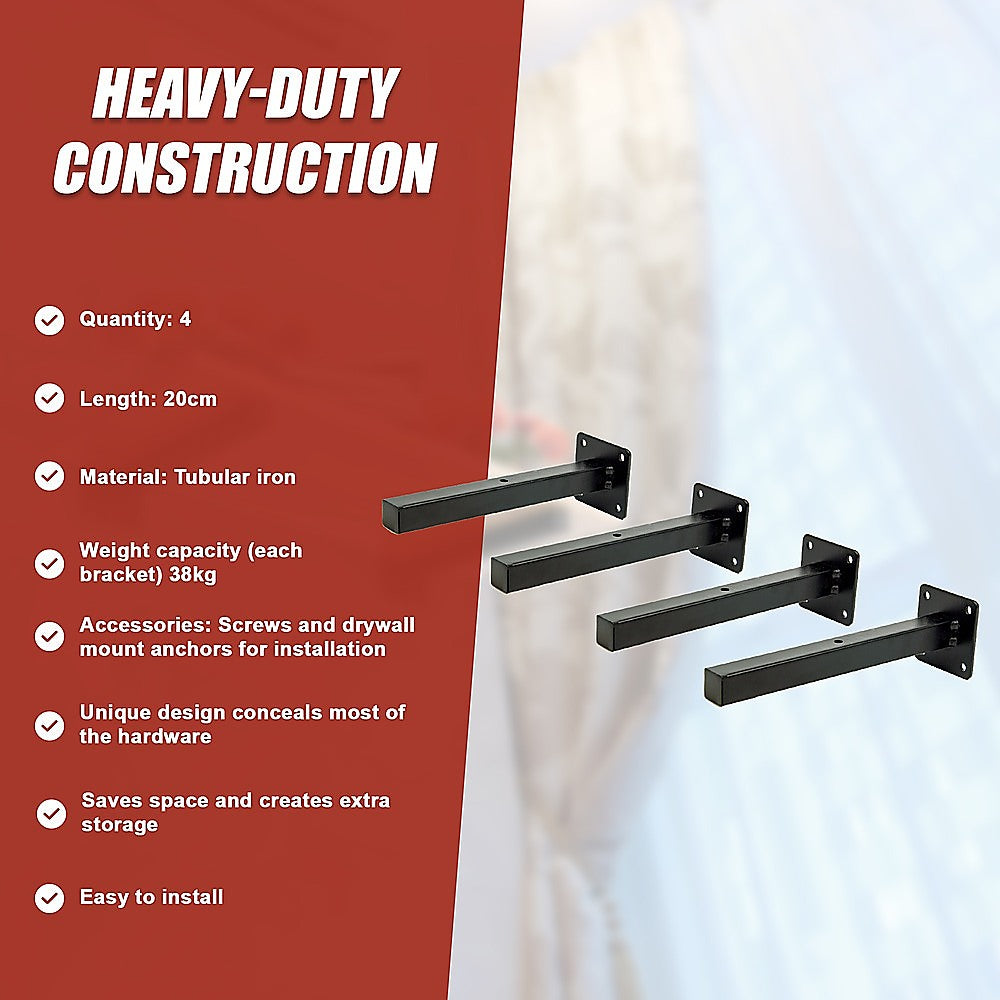 20cm Floating Shelf Brackets Industrial Metal Shelving Supports 4-Pack V63-835491
