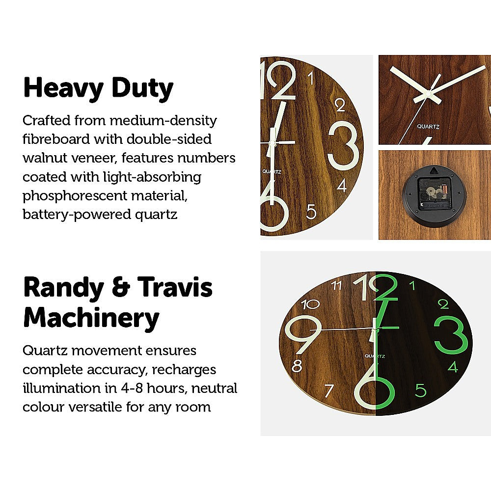Glow In Dark Wall Clock Luminous Quartz Quiet Wooden Home Decor 30cm V63-835511