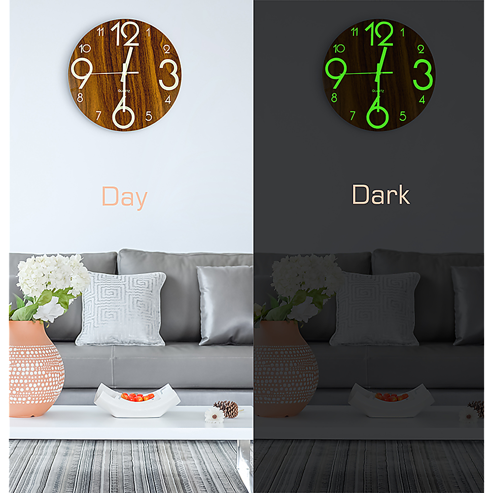Glow In Dark Wall Clock Luminous Quartz Quiet Wooden Home Decor 30cm V63-835511