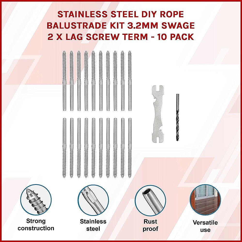 Stainless Steel DIY Rope Balustrade Kit 3.2mm Swage 2 x Lag Screw Term - 10 pack V63-835531