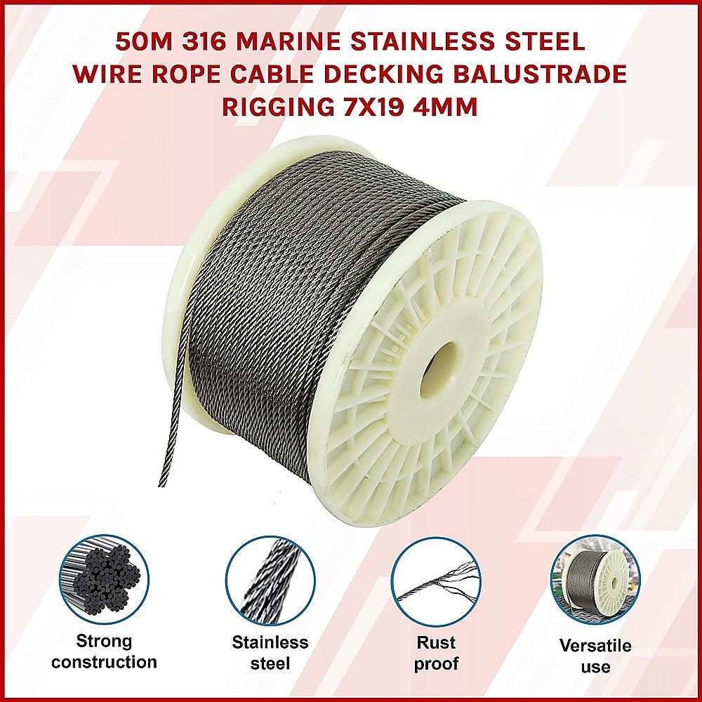 50M 316 Marine Stainless Steel Wire Rope Cable Decking Balustrade Rigging 7x19 4mm V63-835551