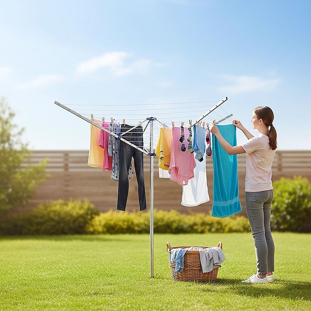 4 Arm Rotary Garden Washing Line Clothes Airer Dryer Outdoor Spike 40m Length V63-835591