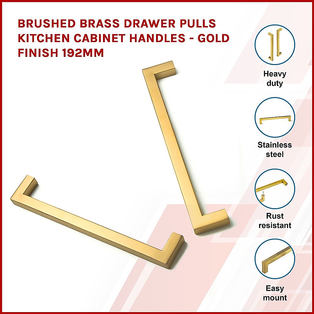 15 x Brushed Brass Drawer Pulls Kitchen Cabinet Handles - Gold Finish 192mm V63-835821