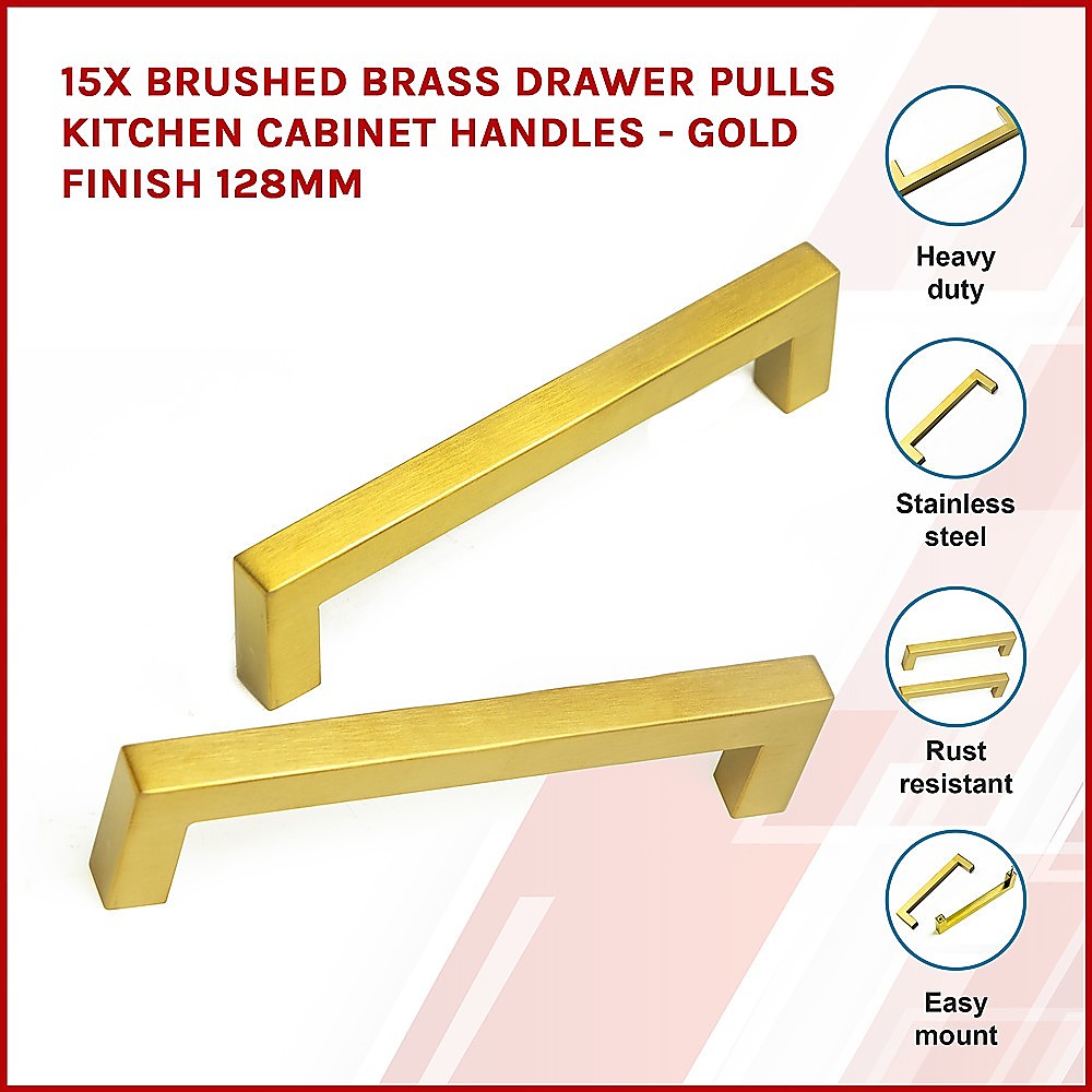15x Brushed Brass Drawer Pulls Kitchen Cabinet Handles - Gold Finish 128mm V63-835831