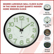 305mm Luminous Wall Clock Glow In The Dark Silent Quartz Indoor Home Modern Clock V63-835871
