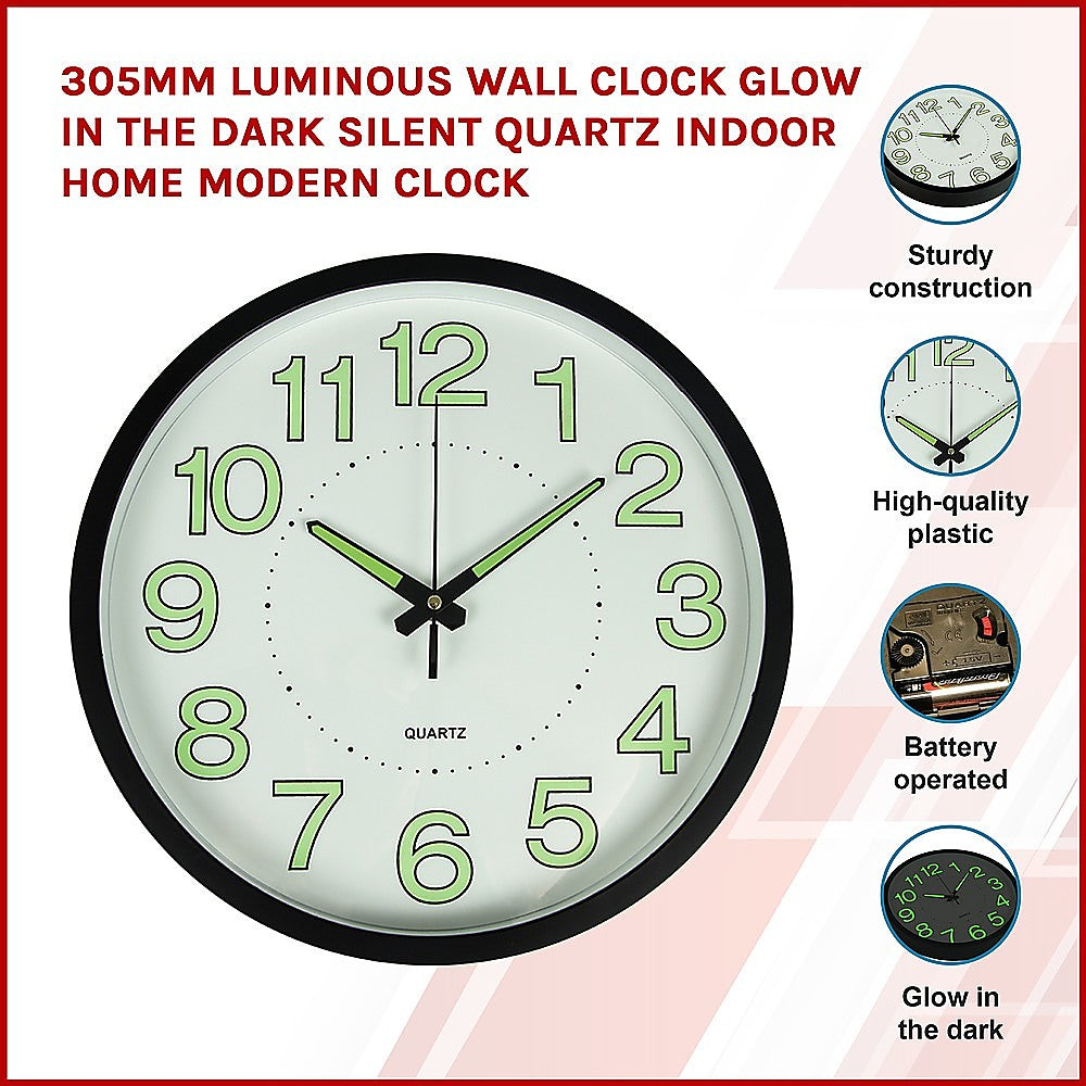 305mm Luminous Wall Clock Glow In The Dark Silent Quartz Indoor Home Modern Clock V63-835871