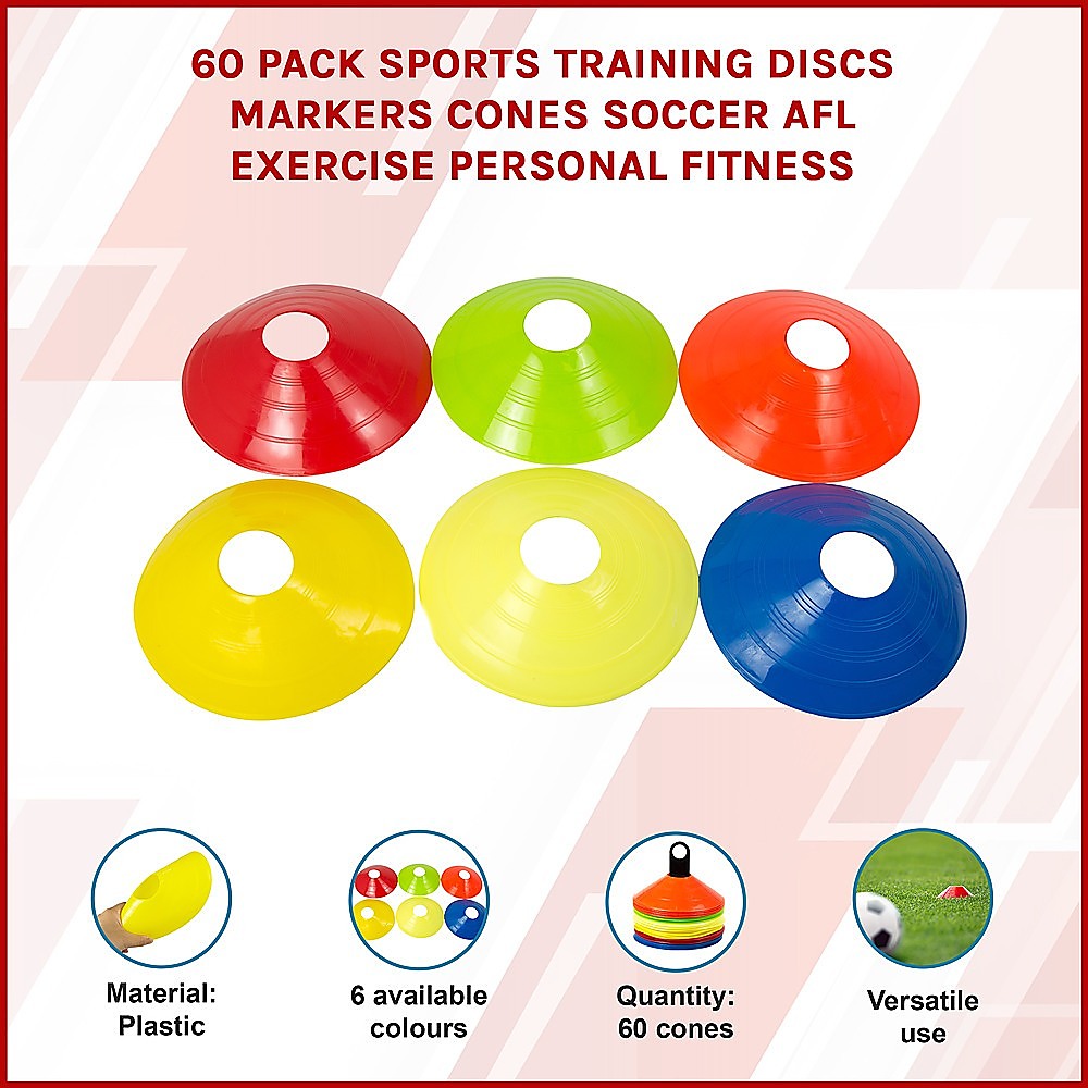 60 Pack Sports Training Discs Markers Cones Soccer AFL Exercise Personal Fitness V63-835911