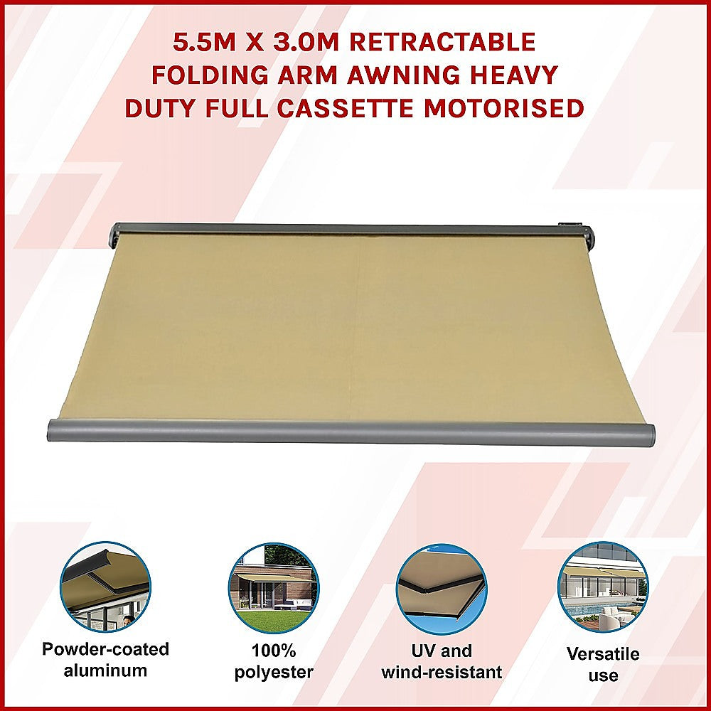 5.5m x 3.0m Retractable Folding Arm Awning Heavy Duty Full Cassette Motorised V63-835931