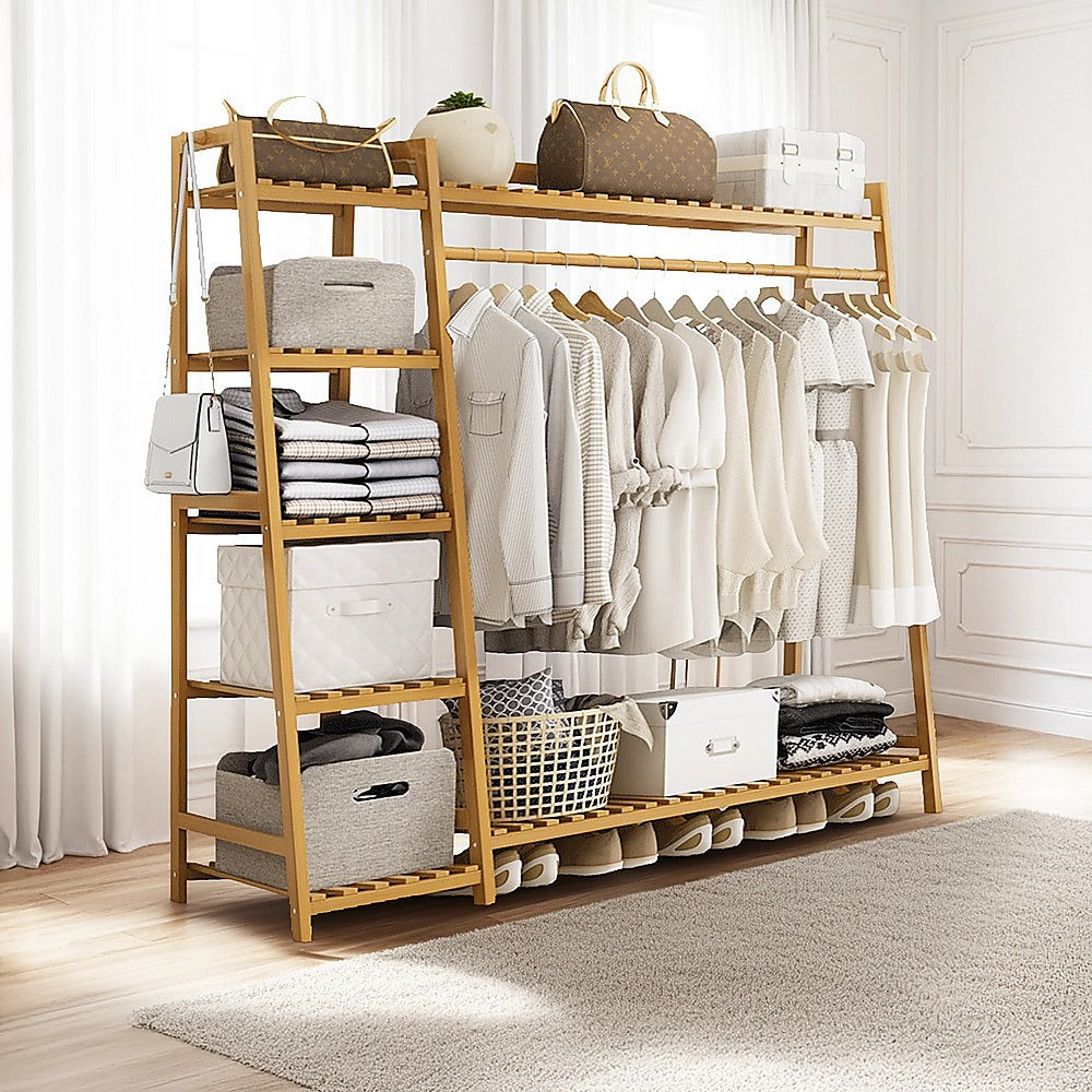 Portable Clothes Rack Coat Garment Stand Bamboo Rail Hanger Airer Closet V63-835951