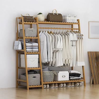 Portable Clothes Rack Coat Garment Stand Bamboo Rail Hanger Airer Closet V63-835951