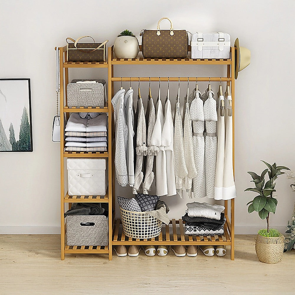 Portable Clothes Rack Coat Garment Stand Bamboo Rail Hanger Airer Closet V63-835951