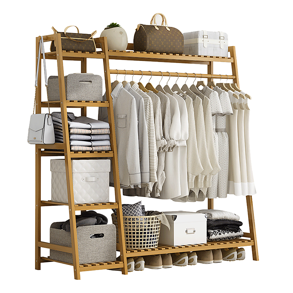 Portable Clothes Rack Coat Garment Stand Bamboo Rail Hanger Airer Closet V63-835951
