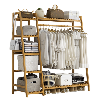 Portable Clothes Rack Coat Garment Stand Bamboo Rail Hanger Airer Closet V63-835951