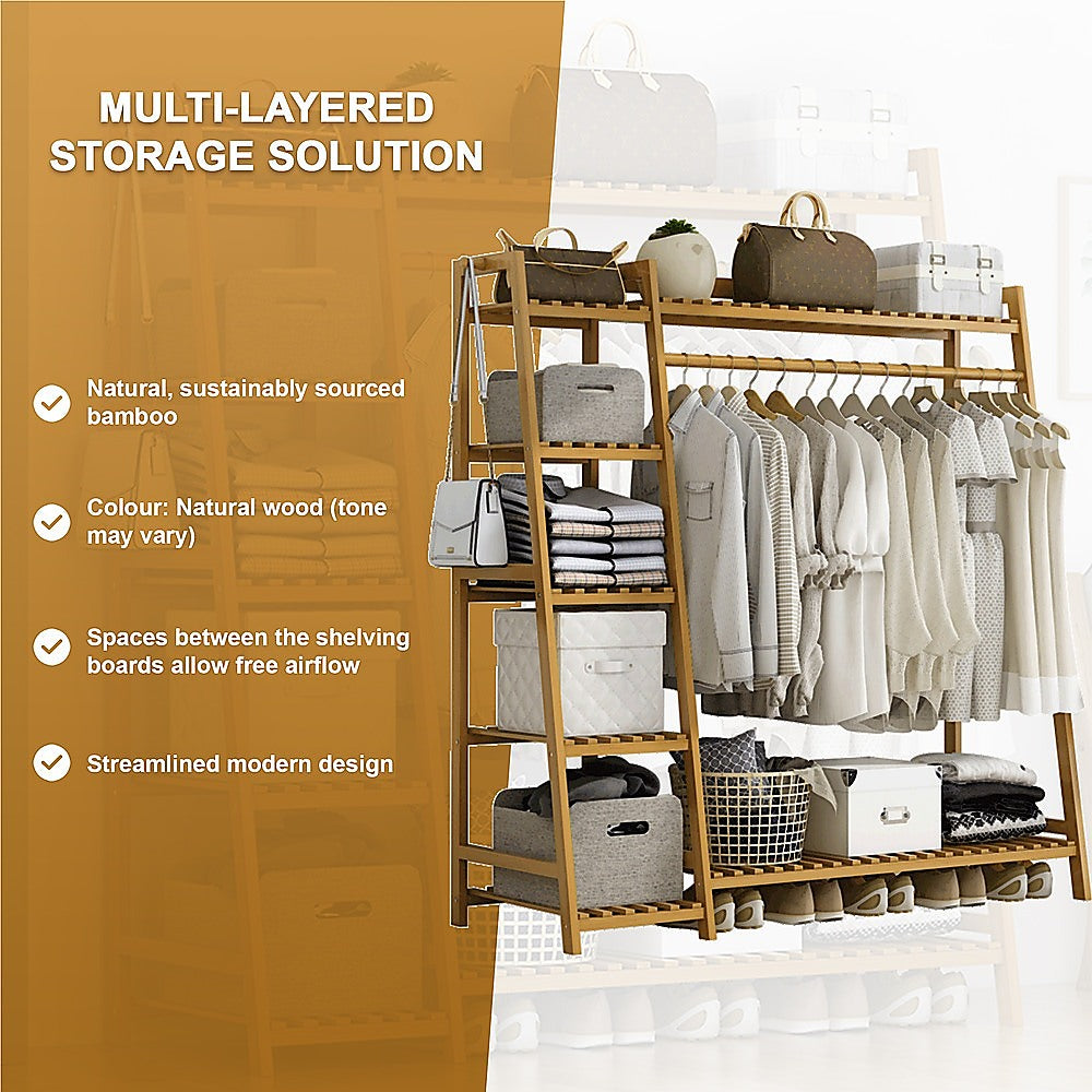 Portable Clothes Rack Coat Garment Stand Bamboo Rail Hanger Airer Closet V63-835951