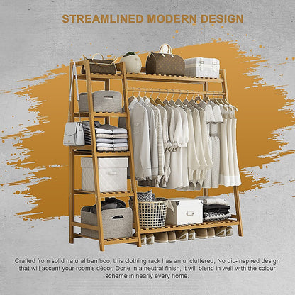 Portable Clothes Rack Coat Garment Stand Bamboo Rail Hanger Airer Closet V63-835951